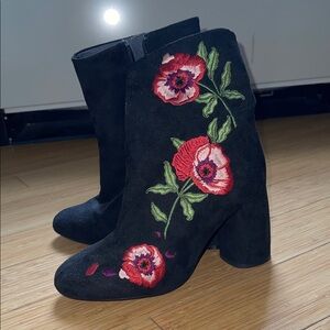 Floral Embroidered Black Suede Ankle Boots. Heel approximately 3 inches.